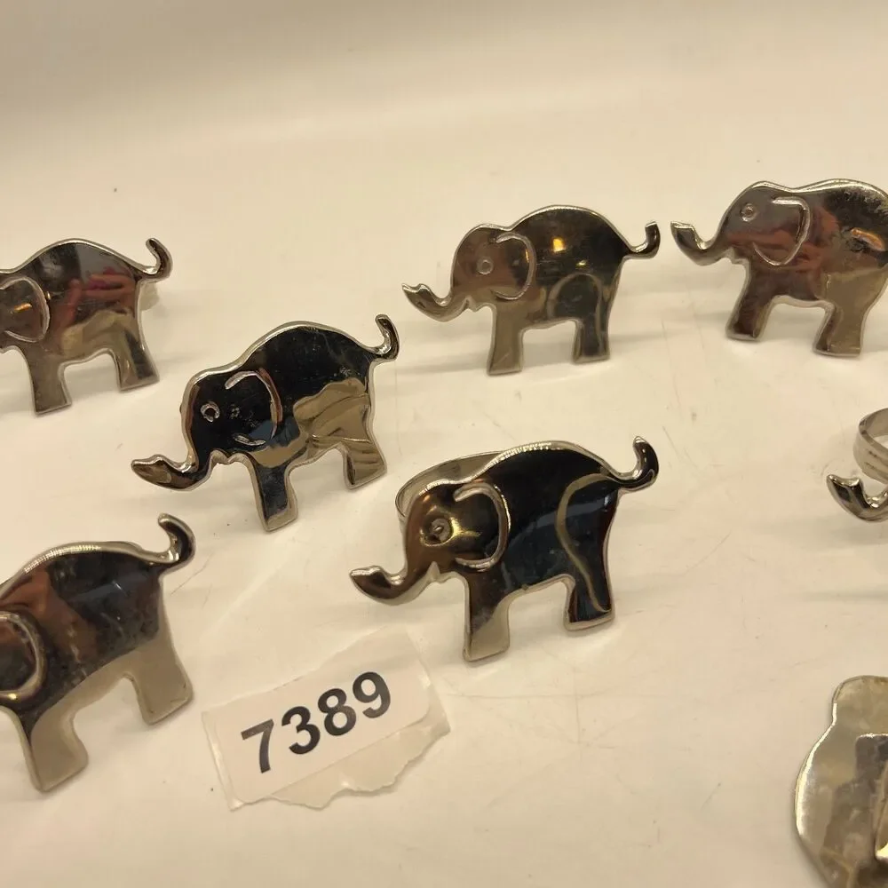 Set of 8 Chrome Silver Elephant Napkin Rings, Trunk Up, Minimalist, Table Decor